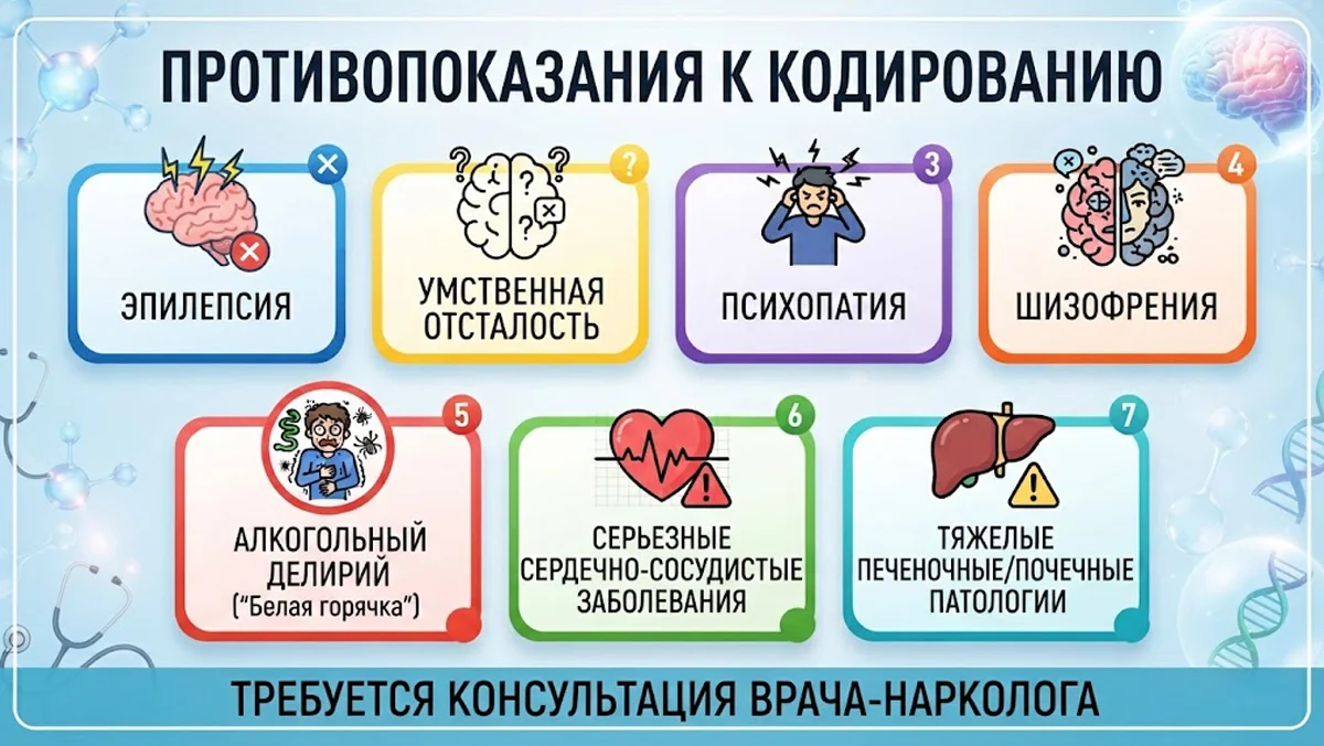 Инфографика: Противопоказания к кодированию от алкоголизма.